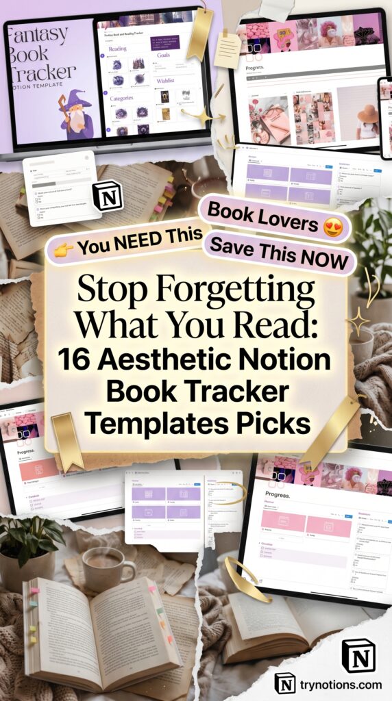 Collage of key images: Stop forgetting what you've read - 16 stylish templates for tracking your reading.