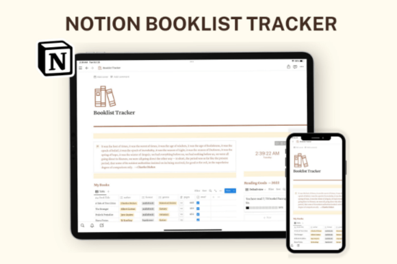 A clean layout of the book list tracker in Notion on tablet and smartphone, with sections for currently read books and a rating system in the Notion template format.