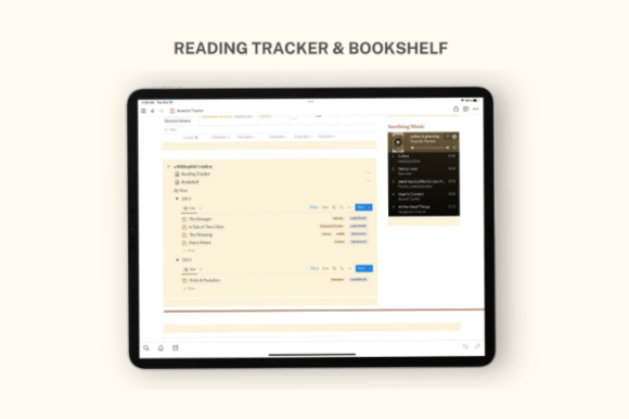A detailed view of the bookshelf section and customizable reading progress indicators in this stylish Notion template.