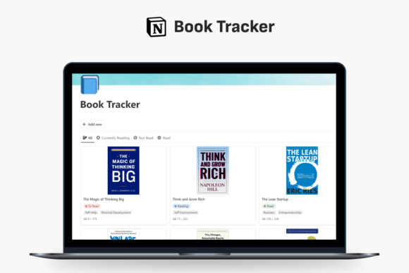 Desktop display of the Book Tracker Notion using a minimalist notion book tracker template for organization.