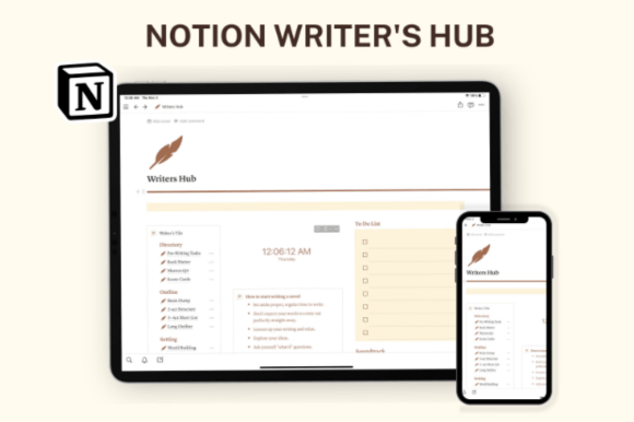 High-quality screenshot of the aesthetic light mode layout within the Notion Writer’s Hub.