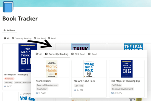 Screenshot of the main dashboard view of the minimalist Notion Reading Management app.