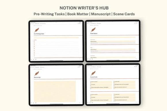 The Notion Writer's Hub interface dashboard with four main sections, integrated with the Notion Book Tracker template for authors.