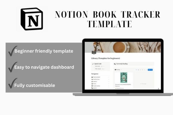 Front dashboard of the Notion Book Tracker Template featuring an aesthetic white and gray interface.