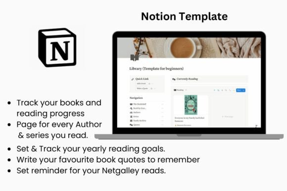 High-quality desktop view of a minimalist notion book tracker template displaying a personal library and reading goals.