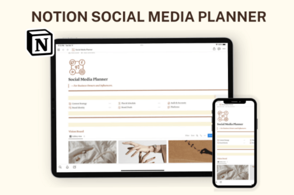 Aesthetic tablet and smartphone screens showing the Notion Social Media Planner dashboard next to a link to the Notion Book Tracker template.