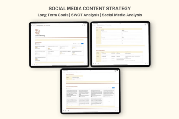 User interface of the light mode Notion Social Media Planner featuring a content strategy calendar.
