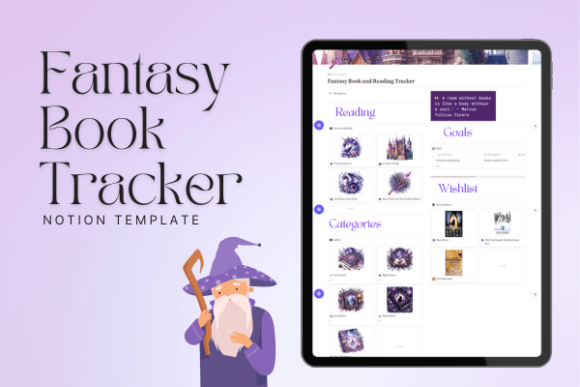 Aesthetic desktop display of a fantasy book tracker notion template with purple watercolor icons on a screen.