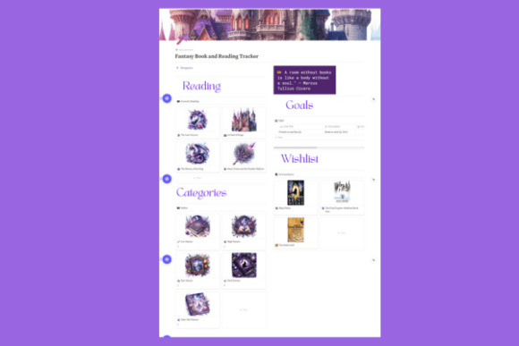 Full dashboard of a purple-themed Fantasy Book Tracker Notion Template featuring enchanting gothic clipart.