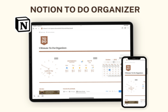 Clearly display priority tasks and calendar events in a modern Notion notebook tracker template.