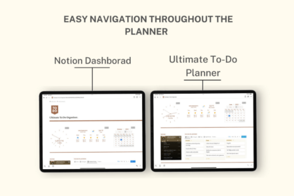 High-resolution preview of the stylish life planner dashboard and to-do planner with a link to the tracker template in Notion.