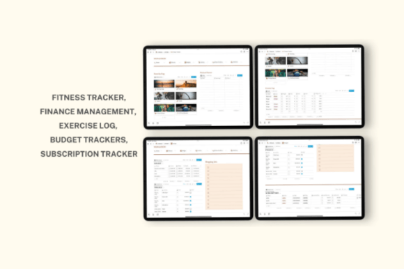 Detailed layout showing the navigation bar and fitness, finance, budget planners within a clean Notion Template setup.