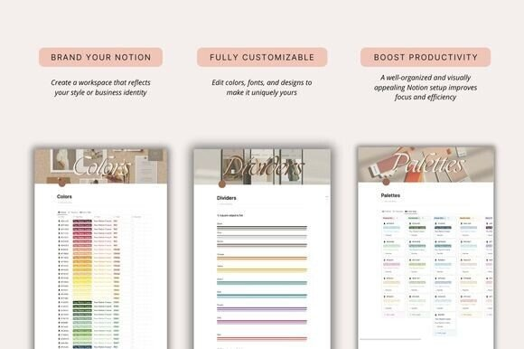 Detailed view of custom dividers and unique color palettes within a notion book tracker template from the Notion Customisation Bundle.