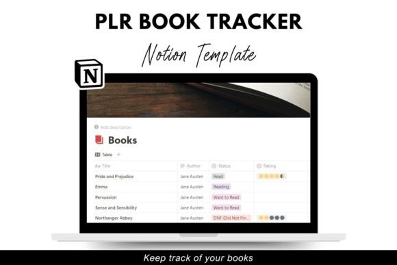 A minimalist white and gray interface display of the Notion Template - Functional Book Tracker on a tablet screen.