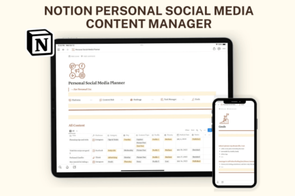Desktop display of a Notion Personal Social Media Planner showing a light mode dashboard and brand goals.