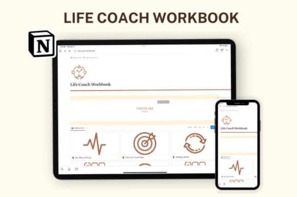 Desktop display showing the light mode dashboard of a Notion Life Coach Workbook Template integrated with a notion book tracker template layout.
