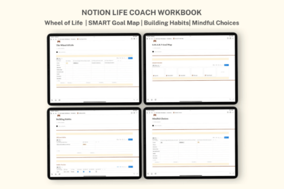 High-resolution preview of the aesthetic SMART goal mapping tool inside the Notion Life Coach Workbook Template.