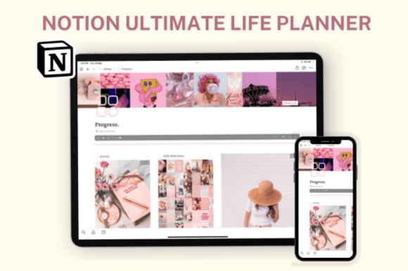 Aesthetic preview of the Notion Template Life Planner showing a light pink mode dashboard