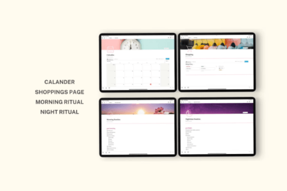 A mockup of automated financial calculators and shopping lists built into a Notion life planner template.