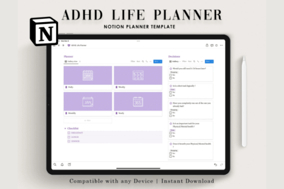 Minimalist desktop preview of the light-mode Notion Template ADHD Life Planner dashboard.