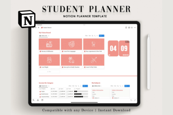 High-resolution mockup of a light-mode Notion Student Planner on a desktop screen.