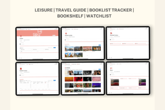 Preview of automated bookshelf list and magazine tracking tables in Notion's student planner layout.